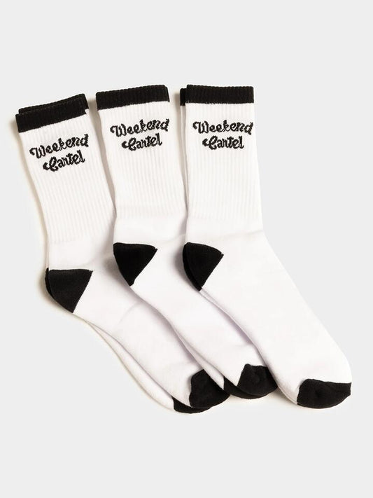 Image of Socks. Productname: Weekend Cartel 3 Pairs of Script Logo Crew Socks ONE SIZE Black/White in Black/White colour by brand - Weekend Cartel