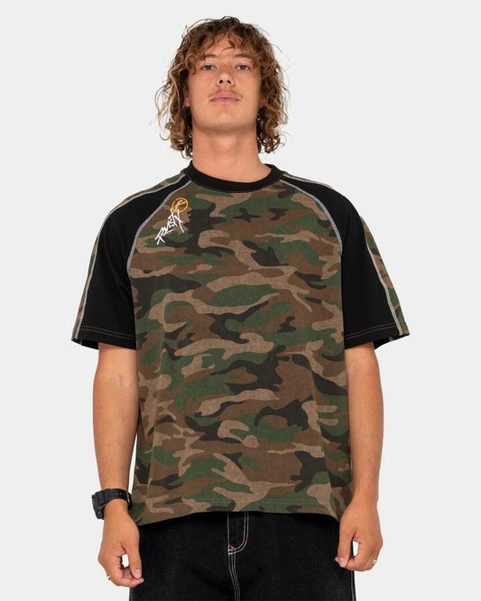 Image of T-Shirts. Product name - Rusty Mens Woof Raglan T-Shirt Camo in Camo colour by brand - Rusty