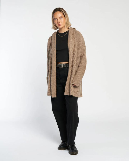 Image of a model wearing Outerwear. Productname: Volcom - Womens Homeward Bound Ii Cardigan - Stone - in Stone colour by brand - Volcom
