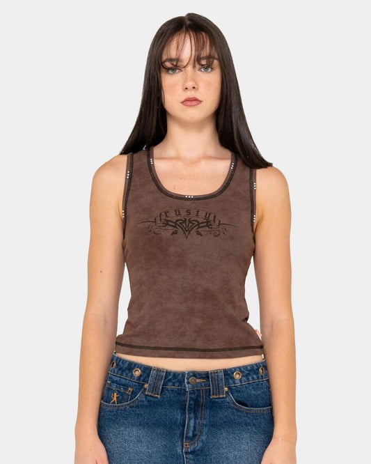 Image of a model wearing Tops. Productname: Rusty Womens Kachow Racer Tank Top Pinecone Solid - in Pinecone - Solid colour by brand - Rusty