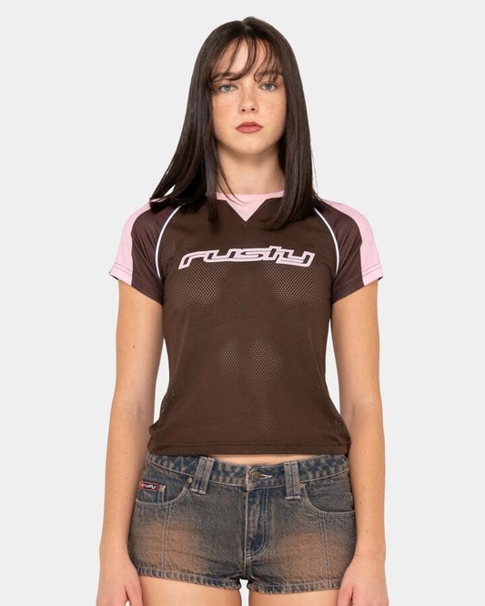 Image of T-Shirts. Product name - Rusty Womens Naples Contras Baby Sports Jersey T-Shirt Brown in Brown colour by brand - Rusty