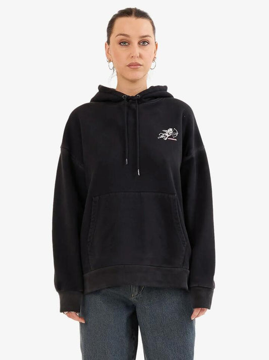 Image of a model wearing Outerwear. Productname: Worship Cherub Box Fit Hood in Black Vintage Fade colour by brand - Worship