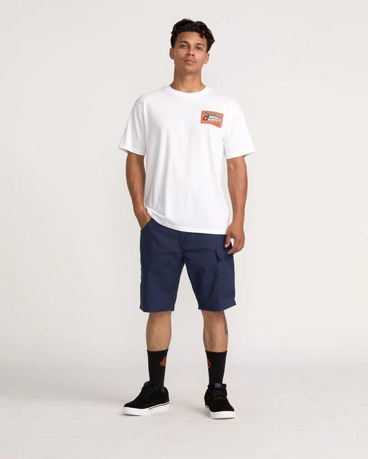 Image of a model wearing Shorts. Productname: Volcom Mens Caliper Ii Carpenter Shorts Indigo - in Indigo colour by brand - Volcom