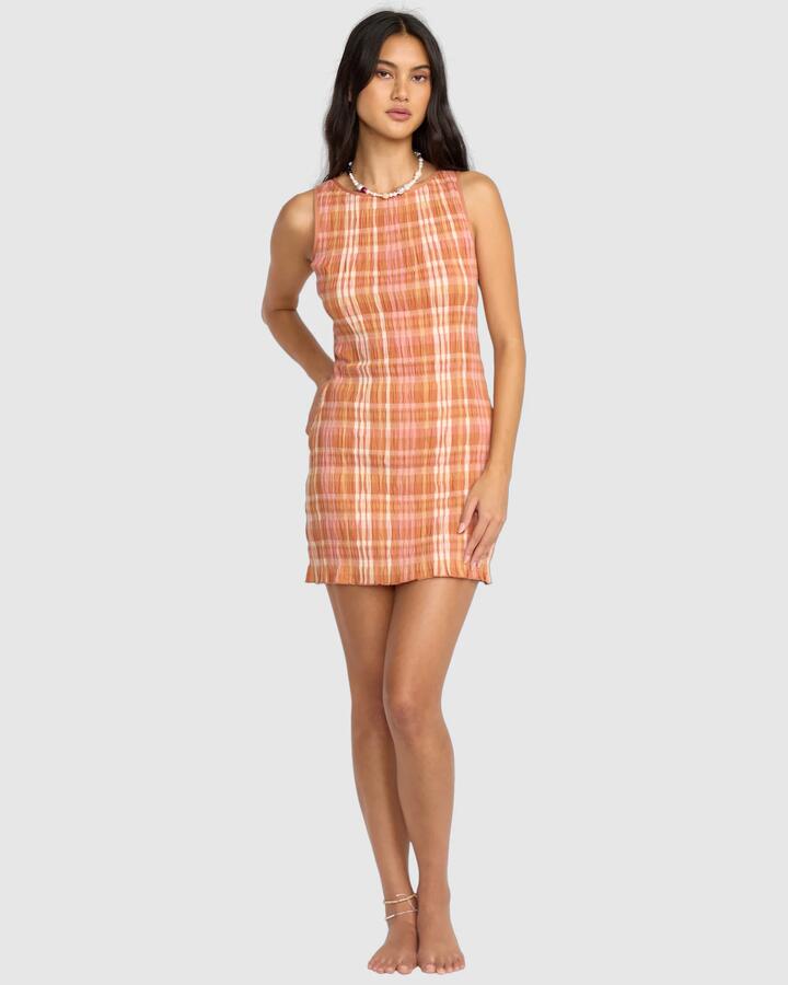 Image of Dresses. Product name - Billabong Womens Check Me Out Mini Dress Sunburnt in Sunburnt colour by brand - Billabong