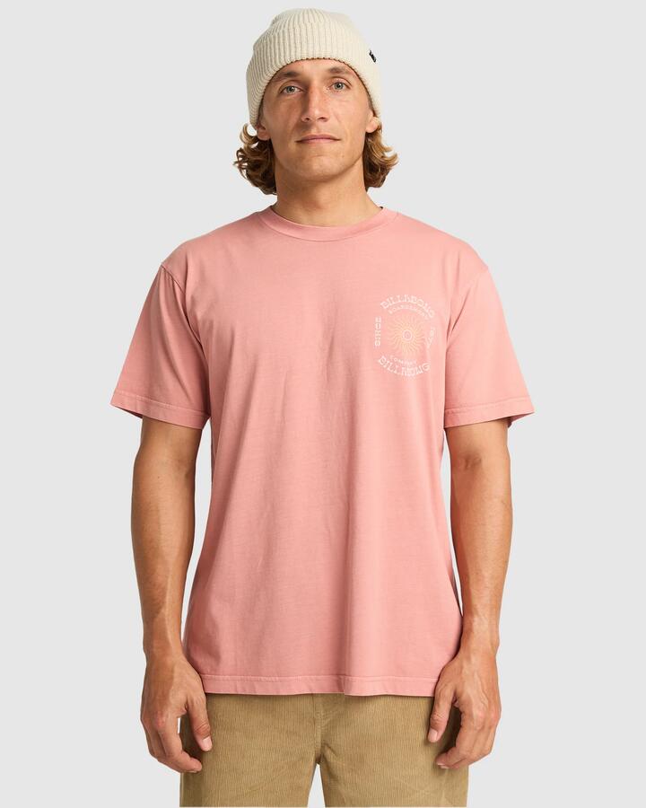 Image of a model wearing Tops. Productname: Billabong - Mens Sunrise Premium T-Shirt - Dusty Rose - in Dusty Rose colour by brand - Billabong