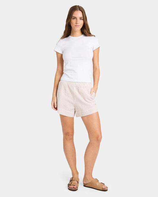 Image of a model wearing Tops. Productname: Nunui Womens Westlake T-Shirt White - in White colour by brand - Nunui