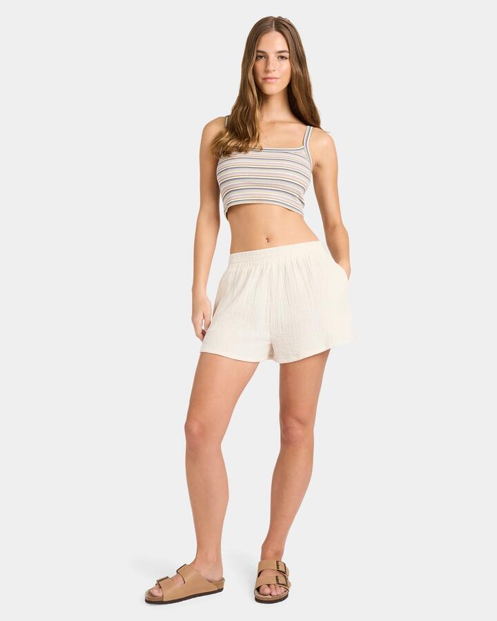 Image of a model wearing Tops. Productname: Nunui - Womens Dusty Stripe Crop Tank - Stripe - in Stripe colour by brand - Nunui