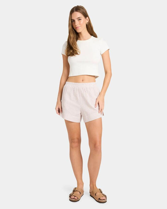 Image of a model wearing Shorts. Productname: Nunui - Womens Eilderness Stripe Elastic Waist Shorts - Mocha - in Mocha colour by brand - Nunui