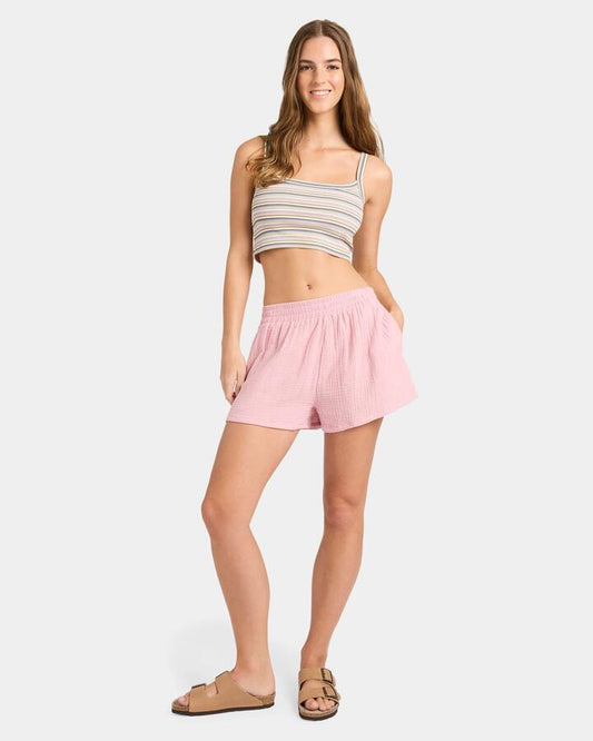 Image of a model wearing Shorts. Productname: Nunui - Womens Palmy Elastic Waist Shorts - Dusty Pink - in Dusty Pink colour by brand - Nunui