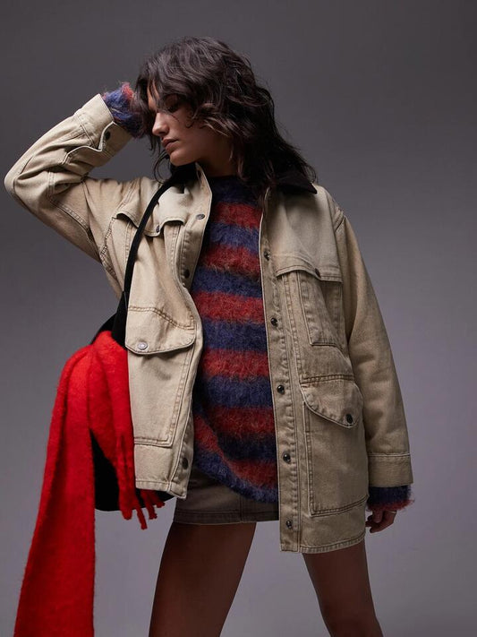 Image of a model wearing Outerwear. Productname: Topshop Worker Jacket in Beige colour by brand - Topshop