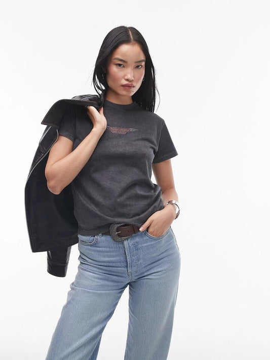 Image of a model wearing Tops. Productname: Topshop Austin Healey Graphic Tee in Grey colour by brand - Topshop