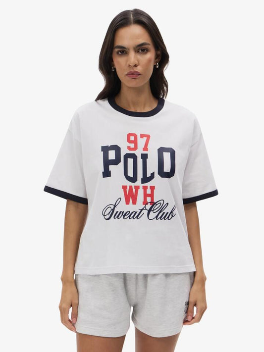 Image of a model wearing Outerwear. Productname: West Hollywood Sweat Club 97 Polo Ringer Tee in White/Navy colour by brand - West Hollywood Sweat Club