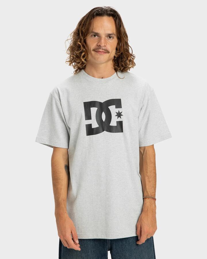 Image of a model wearing Tops. Productname: DC Shoes - Mens Dc Star T-Shirt - Light Heather Grey - in Light Heather Grey colour by brand - DC Shoes