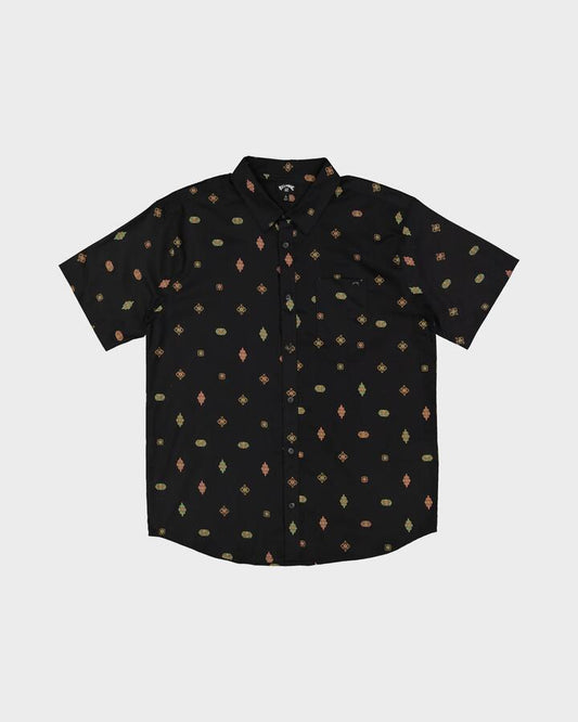 Image of a model wearing Tops. Productname: Billabong Mens Sundays Mini Short Sleeve Shirt Phantom - in Phantom colour by brand - Billabong