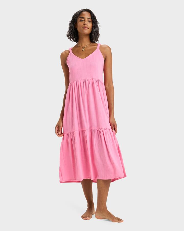 Image of Dresses. Product name - Roxy Womens Waiting Line Midi Dress Pink Cosmos in Pink Cosmos colour by brand - Roxy