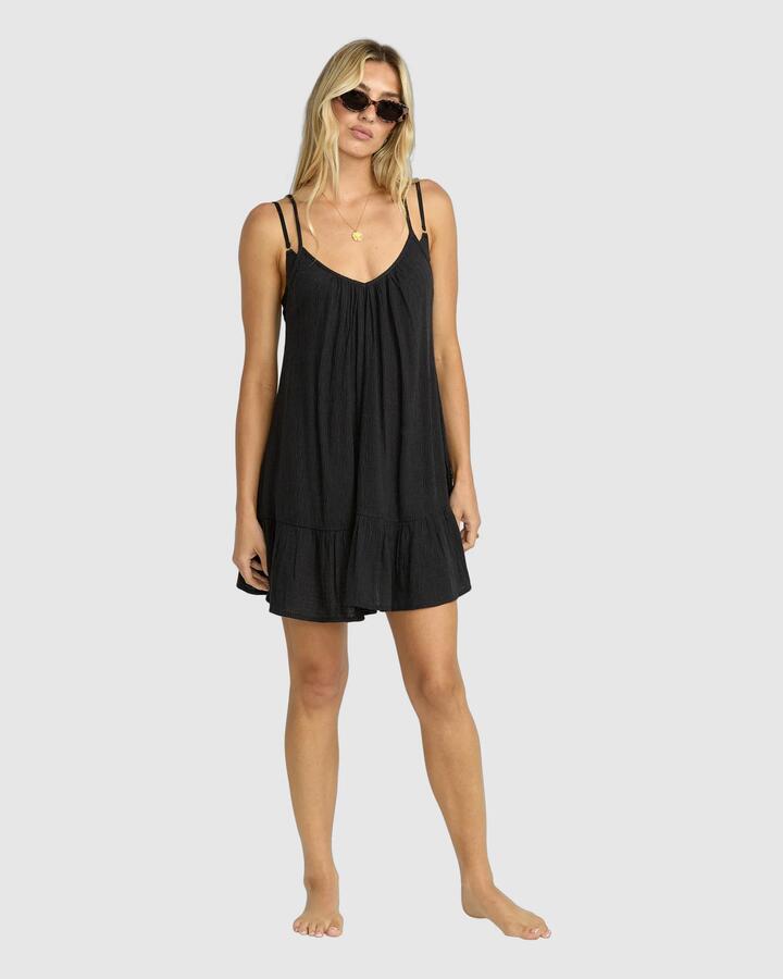 Image of Dresses. Product name - Billabong Womens Beach Vibes Cover-Up Mini Dress Black Pebble in Black Pebble colour by brand - Billabong