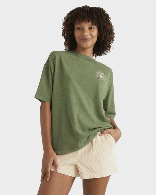 Image of a model wearing Tops. Productname: Billabong - Womens Take A Tour T-Shirt - Luv Army - in Luv Army colour by brand - Billabong