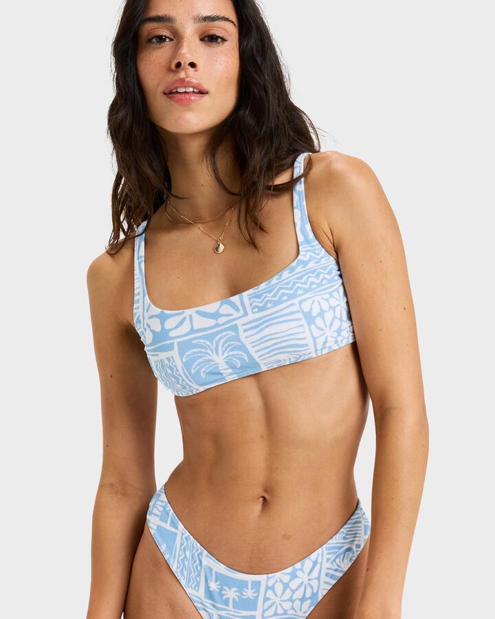 Image of a model wearing Tops. Productname: Roxy Womens Flowers Wave Bralette Bikini Top Sky Blue Surfenirs - in Sky Blue Surfenirs colour by brand - Roxy