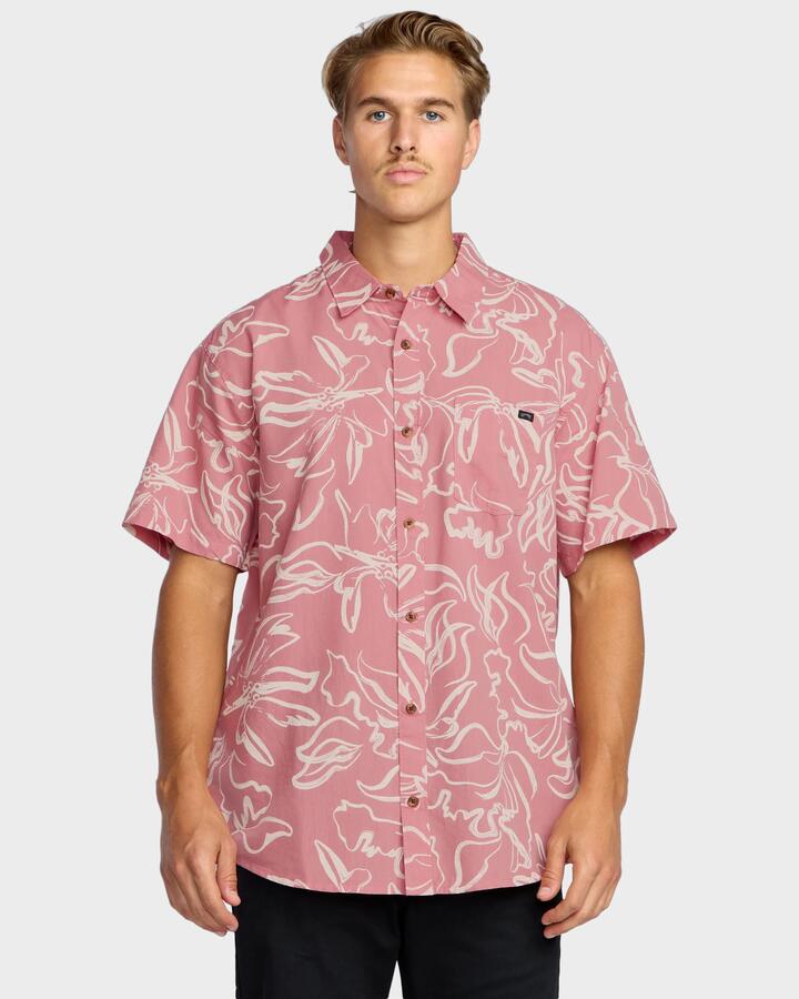 Image of a model wearing Tops. Productname: Billabong - Mens Sundays Short Sleeve Shirt - Faded Rose - in Faded Rose colour by brand - Billabong