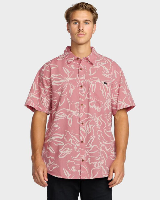 Image of a model wearing Tops. Productname: Billabong - Mens Sundays Short Sleeve Shirt - Faded Rose - in Faded Rose colour by brand - Billabong