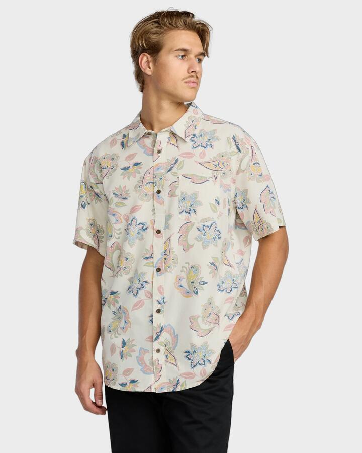 Image of a model wearing Tops. Productname: Billabong - Mens Sundays Short Sleeve Shirt - Sand - in Sand colour by brand - Billabong