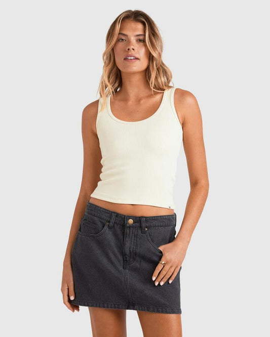 Image of a model wearing Skirts. Productname: Billabong - Womens Frankie Denim Mini Skirt - Washed Black - in Washed Black colour by brand - Billabong