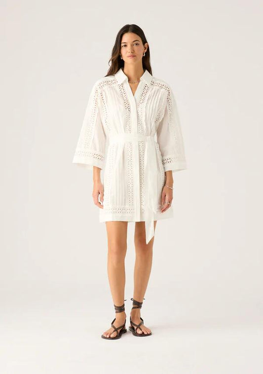 Image of a model wearing Dress. Productname: Valentina Mini Dress in White colour by brand - MOS The Label