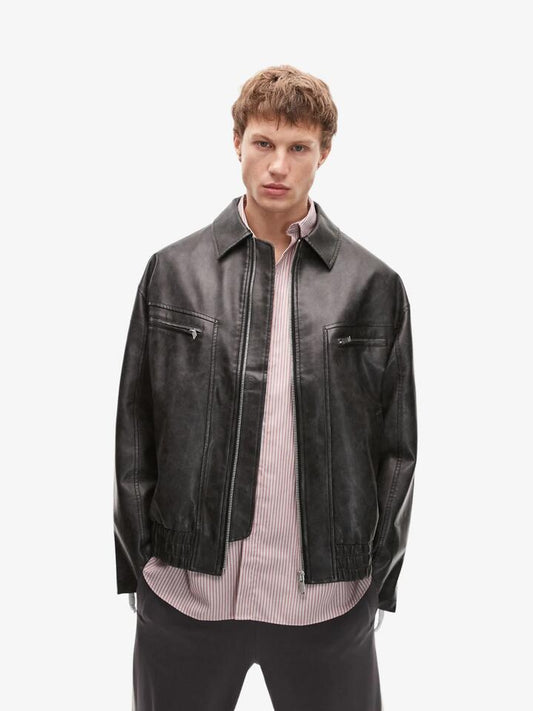 Image of a model wearing Outerwear. Productname: Topman Topman Faux Leather Bomber Jacket in Black colour by brand - Topman