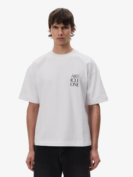 Image of a model wearing Tops. Productname: Article One Lockup Logo Tee in White colour by brand - Article One