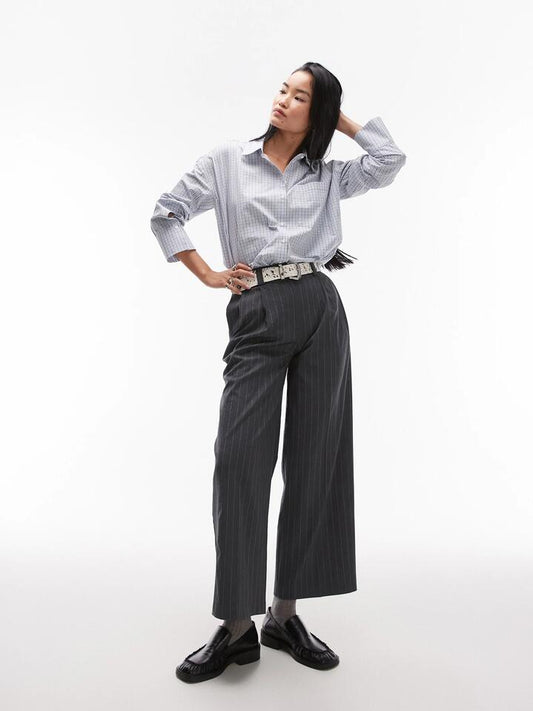 Image of a model wearing Pants. Productname: Topshop Pinstripe Tailored Trouser in Grey colour by brand - Topshop