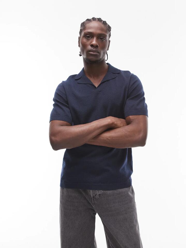 Image of a model wearing Tops. Productname: Topman Topman Knitted Revere Shirt in Navy colour by brand - Topman