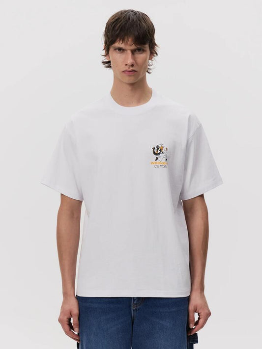Image of a model wearing Tops. Productname: Weekend Cartel Pelican! Tee in White colour by brand - Weekend Cartel