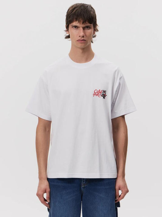 Image of a model wearing Tops. Productname: Weekend Cartel Moto Tee in White colour by brand - Weekend Cartel