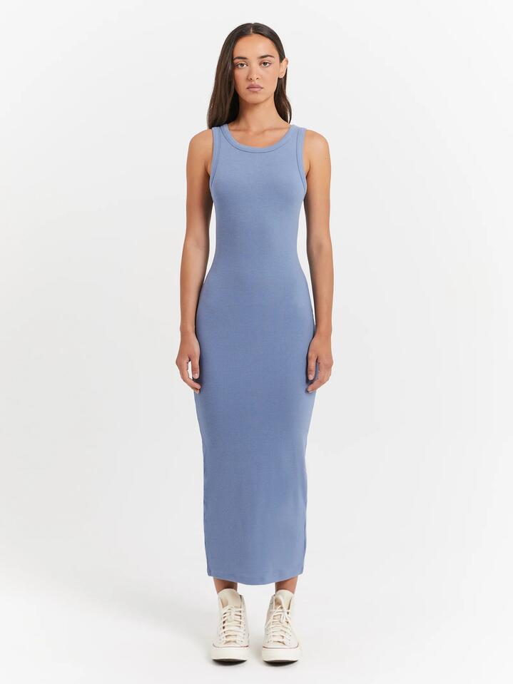 Image of a model wearing Dress. Productname: Beyond Her Miranda Maxi Dress in Chambray colour by brand - Beyond Her