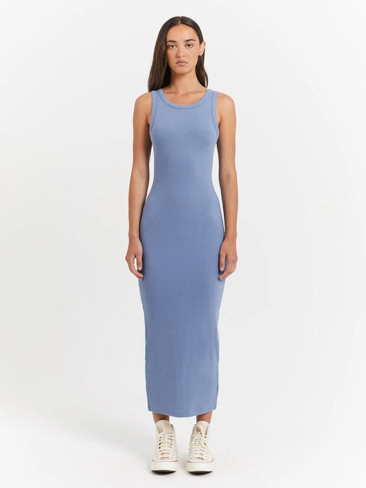 Image of a model wearing Dress. Productname: Beyond Her Miranda Maxi Dress in Chambray colour by brand - Beyond Her