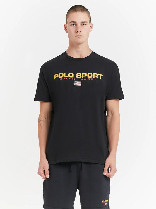 Image of a model wearing Tops. Productname: Polo Ralph Lauren Classic Fit Polo Sport Jersey T-Shirt in Polo Black/Gold colour by brand - Polo Ralph Lauren