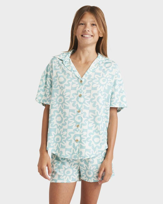 Image of a model wearing Tops. Productname: Billabong Girls 8-16 Lost On You Short Sleeve Shirt Misty Blue - in Misty Blue colour by brand - Billabong