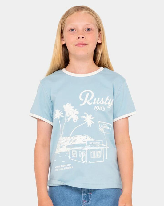 Image of T-Shirts. Productname: Rusty Girls 8-16 Sunset Wishes Ringer T-Shirt Glacier Lake - in Glacier Lake colour by brand - Rusty