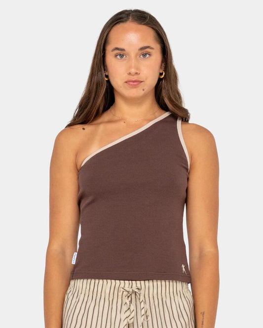Image of a model wearing Tops. Productname: Rusty - Womens Zoe One Shoulder Tank Top - Java - in Java colour by brand - Rusty