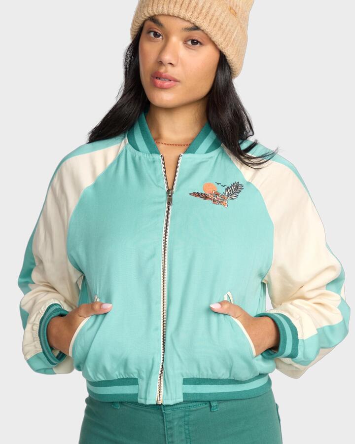 Image of a model wearing Outerwear. Product name - Billabong Mens Dream Vacation Bomber Jacket Misty Blue in Misty Blue colour by brand - Billabong
