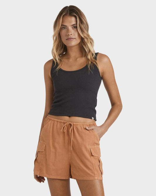 Image of a model wearing Shorts. Productname: Billabong - Womens Lets Go Cargo Shorts - Sunburnt - in Sunburnt colour by brand - Billabong