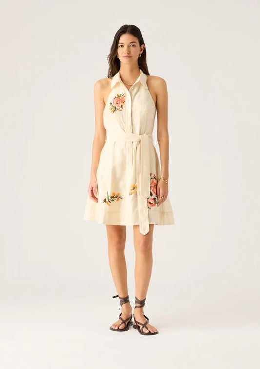 Image of a model wearing Dress. Productname: Soleil Mini Dress in Ivory colour by brand - MOS The Label