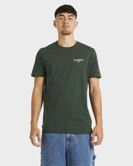 Image of a model wearing Tops. Productname: Element - Mens Brazen T-Shirt - Deep Forest - in Deep Forest colour by brand - Element