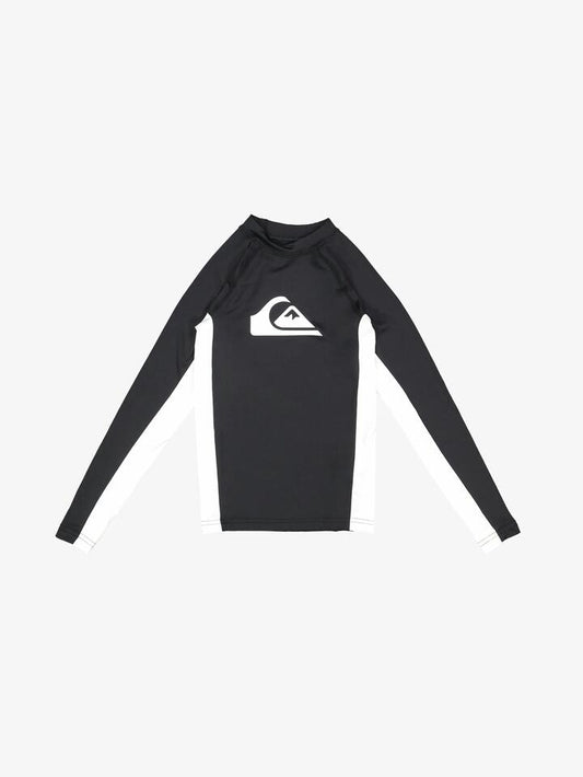Image of a model wearing Tops. Productname: Quiksilver Boys 8-16 Everyday Long Sleeve Upf 50 Rash Vest Black - in Black colour by brand - Quiksilver