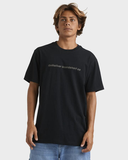 Image of a model wearing Pants. Product name - Quiksilver Mens Overall T-Shirt Black in Black colour by brand - Quiksilver