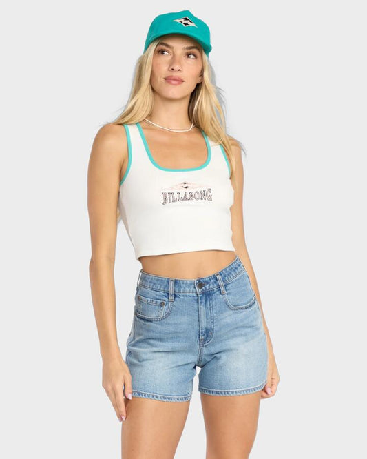 Image of a model wearing Tops. Product name - Billabong Womens Wave Out Tank Top Light Grey in Light Grey colour by brand - Billabong