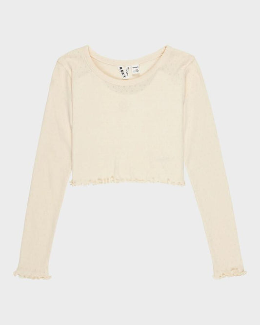 Image of a model wearing Tops. Productname: Roxy Girls 8-16 Hey Yeah Long Sleeve T-Shirt Parchment - in Parchment colour by brand - Roxy