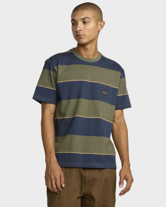 Image of a model wearing Tops. Productname: RVCA Mens Dayshift Stripe T-Shirt Moody Blue - in Moody Blue colour by brand - RVCA