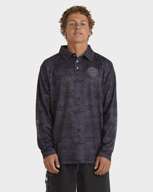 Image of a model wearing Tops. Productname: Billabong Mens Fisho Long Sleeve Surf Shirt Black Camo - in Black Camo colour by brand - Billabong