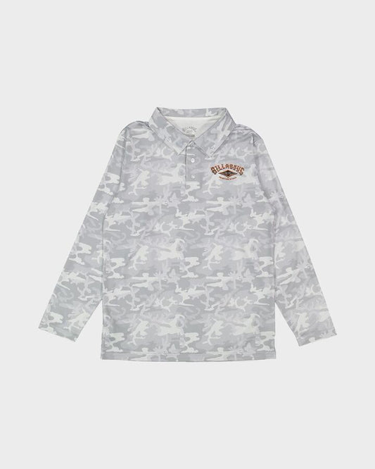Image of a model wearing Tops. Productname: Billabong Boys 0-7 Fisho Long Sleeve Rash Vest White Camo - in White Camo colour by brand - Billabong
